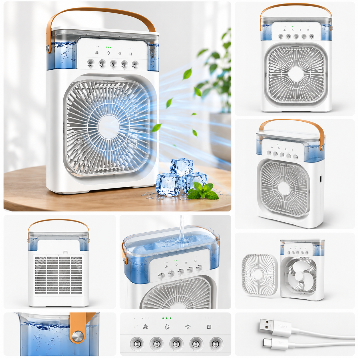 Portable USB Air Cooler Fan with Mist Spray & LED Night Light