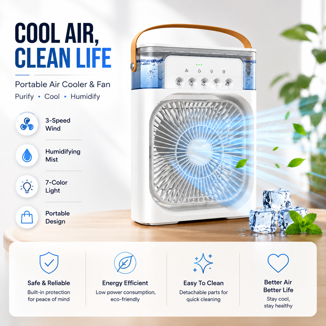 Portable USB Air Cooler Fan with Mist Spray & LED Night Light